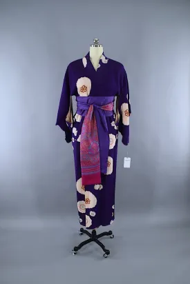 1930s Vintage Silk Kimono Robe / Purple & Pink Floral Print