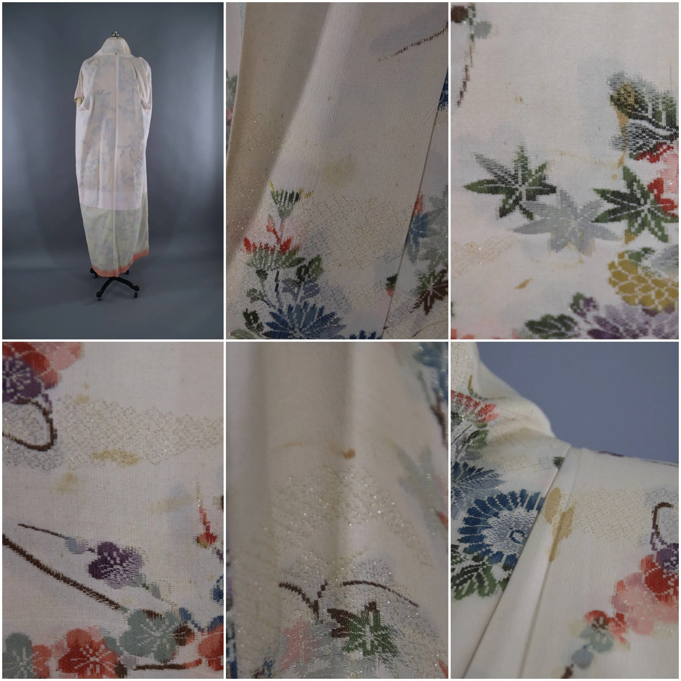 1950s Vintage Silk Kimono Robe / Ivory Metalic Floral OMESHI URUSHI Embroidery