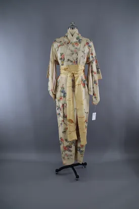 1950s Vintage Silk Kimono Robe / Ivory Metalic Floral OMESHI URUSHI Embroidery