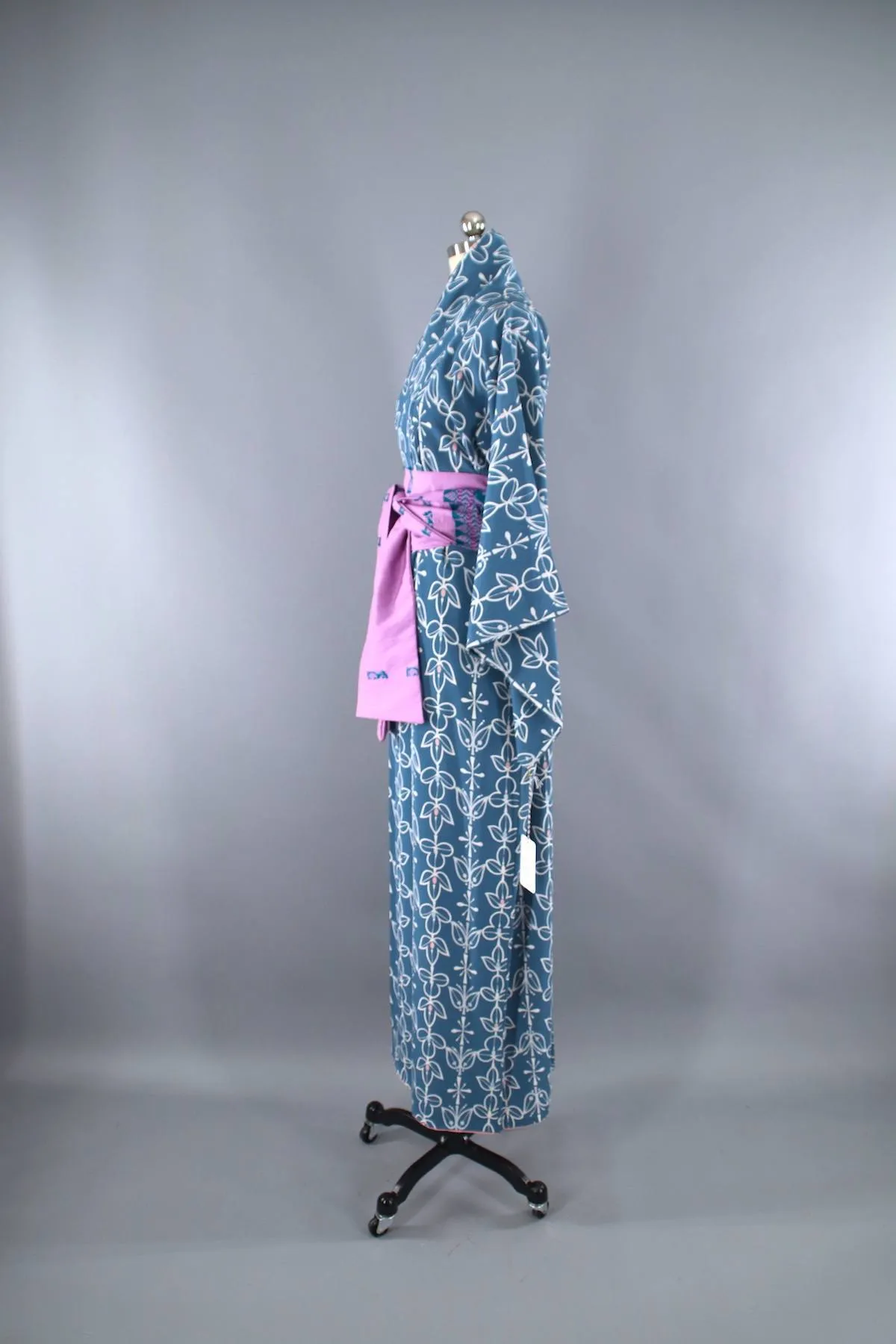 1950s Vintage Silk Kimono Robe / Teal Blue Floral