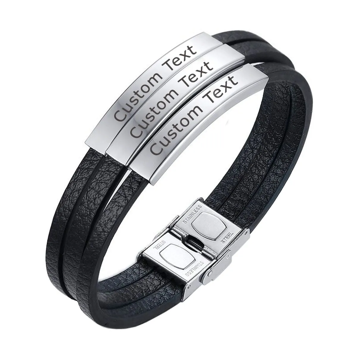 3 Layers Stainless Steel Silver Customized Personalised Laser Engraved Leather Wrist Band ID Bracelet Men