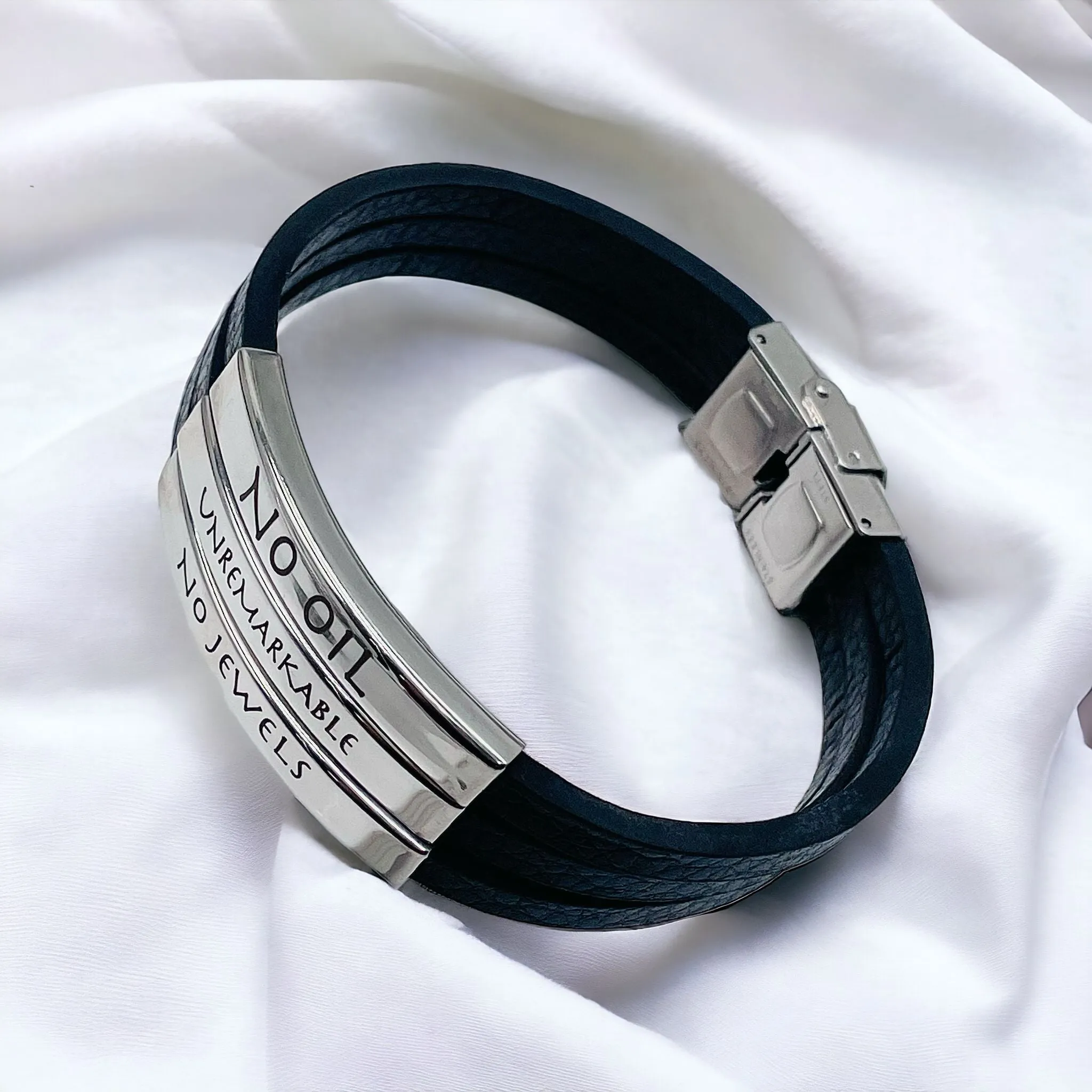 3 Layers Stainless Steel Silver Customized Personalised Laser Engraved Leather Wrist Band ID Bracelet Men