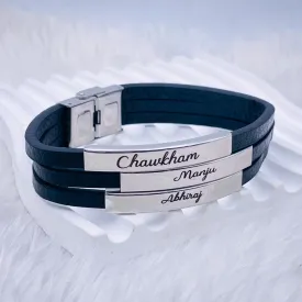 3 Layers Stainless Steel Silver Customized Personalised Laser Engraved Leather Wrist Band ID Bracelet Men