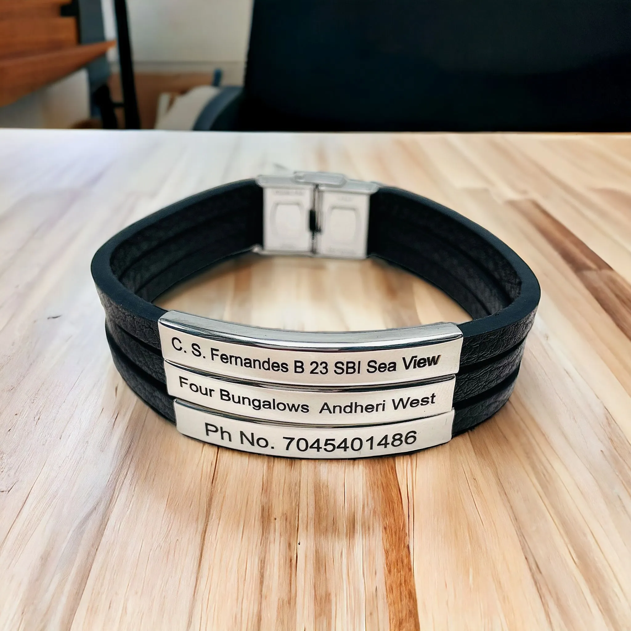 3 Layers Stainless Steel Silver Customized Personalised Laser Engraved Leather Wrist Band ID Bracelet Men