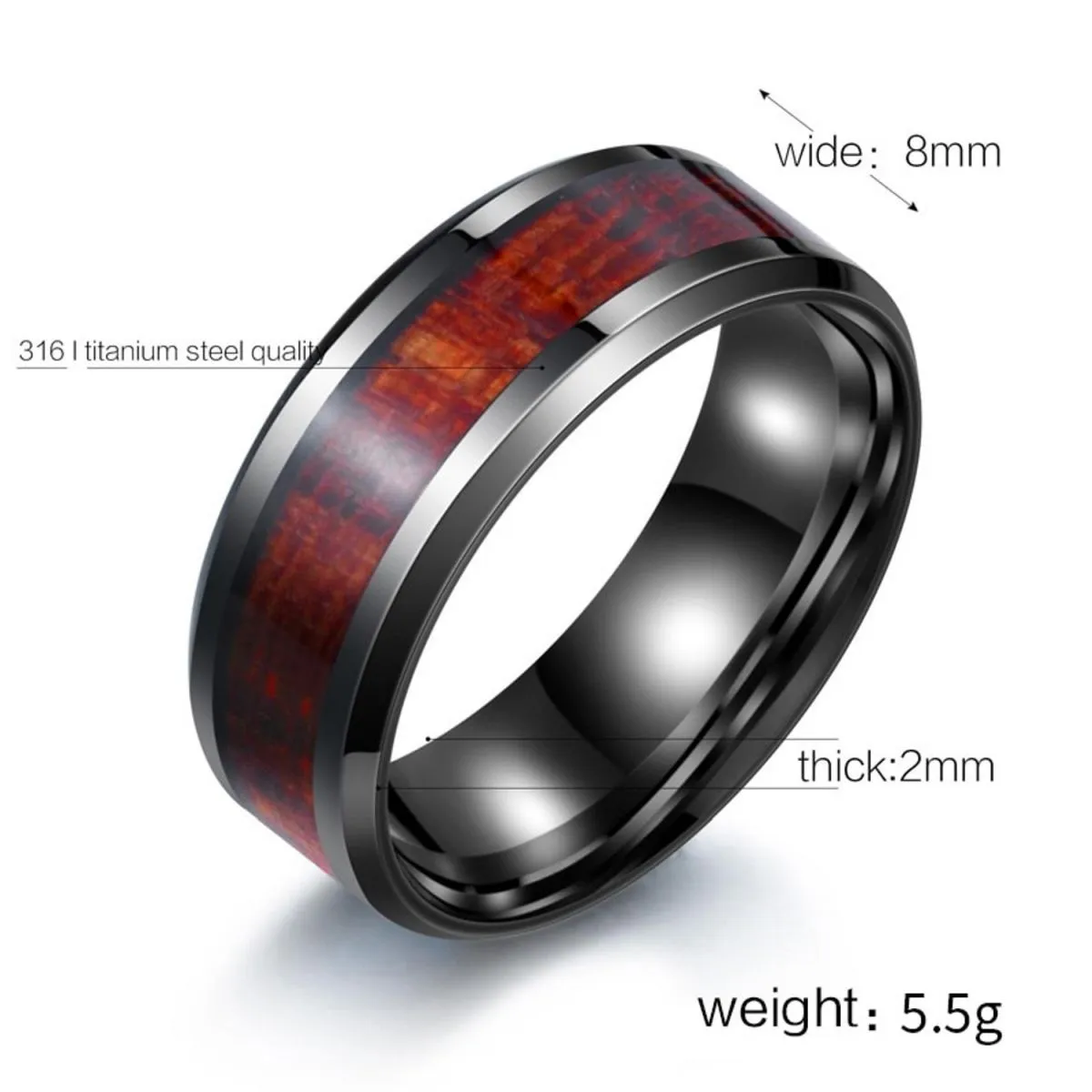 8Mm Black Stainless Steel Ring Vintage Promise Band Wood Inlay Comfort Fit