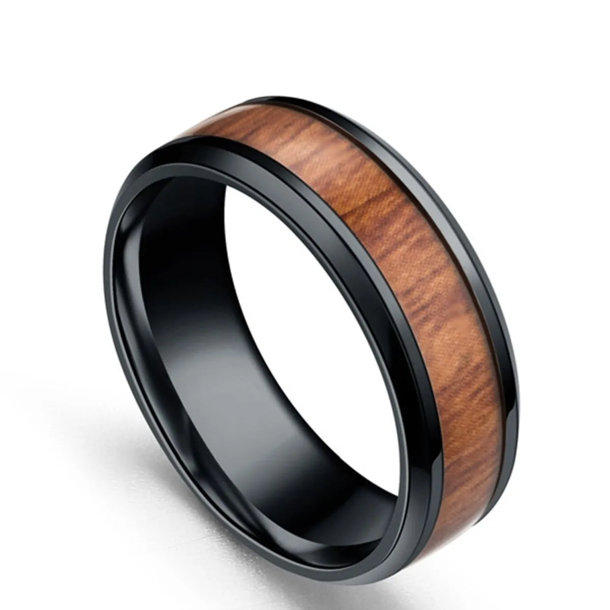 8Mm Black Stainless Steel Ring Vintage Promise Band Wood Inlay Comfort Fit