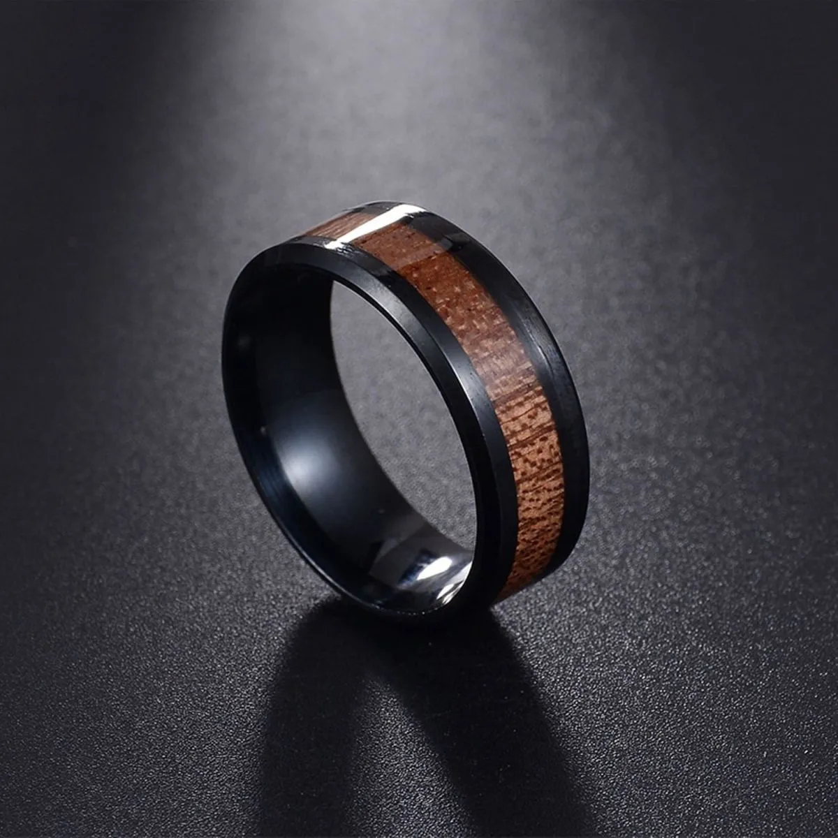 8Mm Black Stainless Steel Ring Vintage Promise Band Wood Inlay Comfort Fit