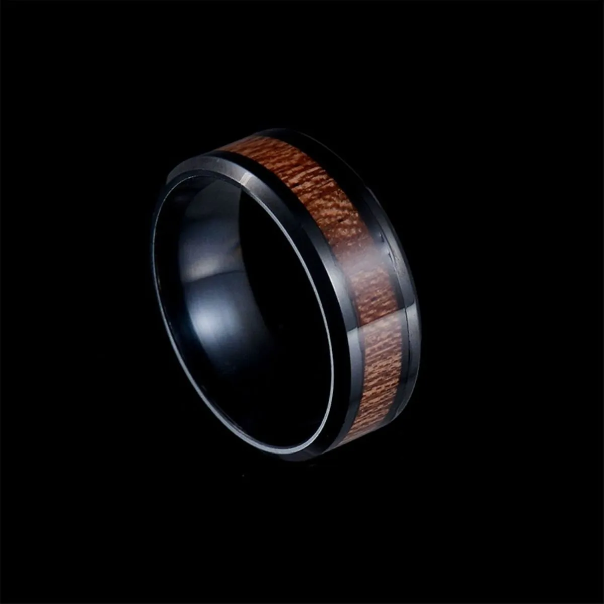 8Mm Black Stainless Steel Ring Vintage Promise Band Wood Inlay Comfort Fit