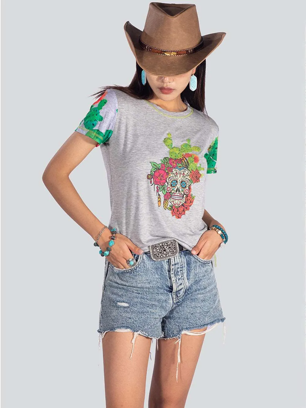 American Bling Women Sugar Skull Short Sleeve Shirt