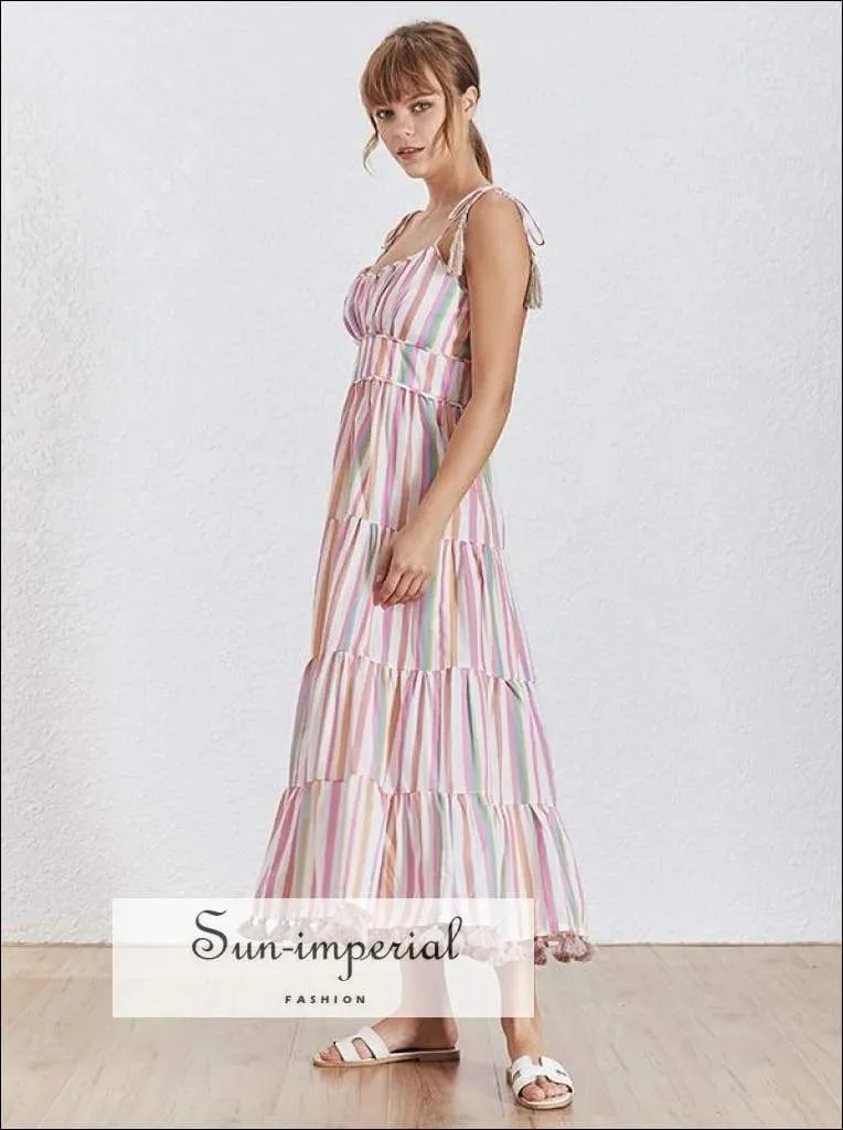 Angelica Dress - Striped Maxi Dress Cami Tie Dye Strap Backless High Waist a Line Dress