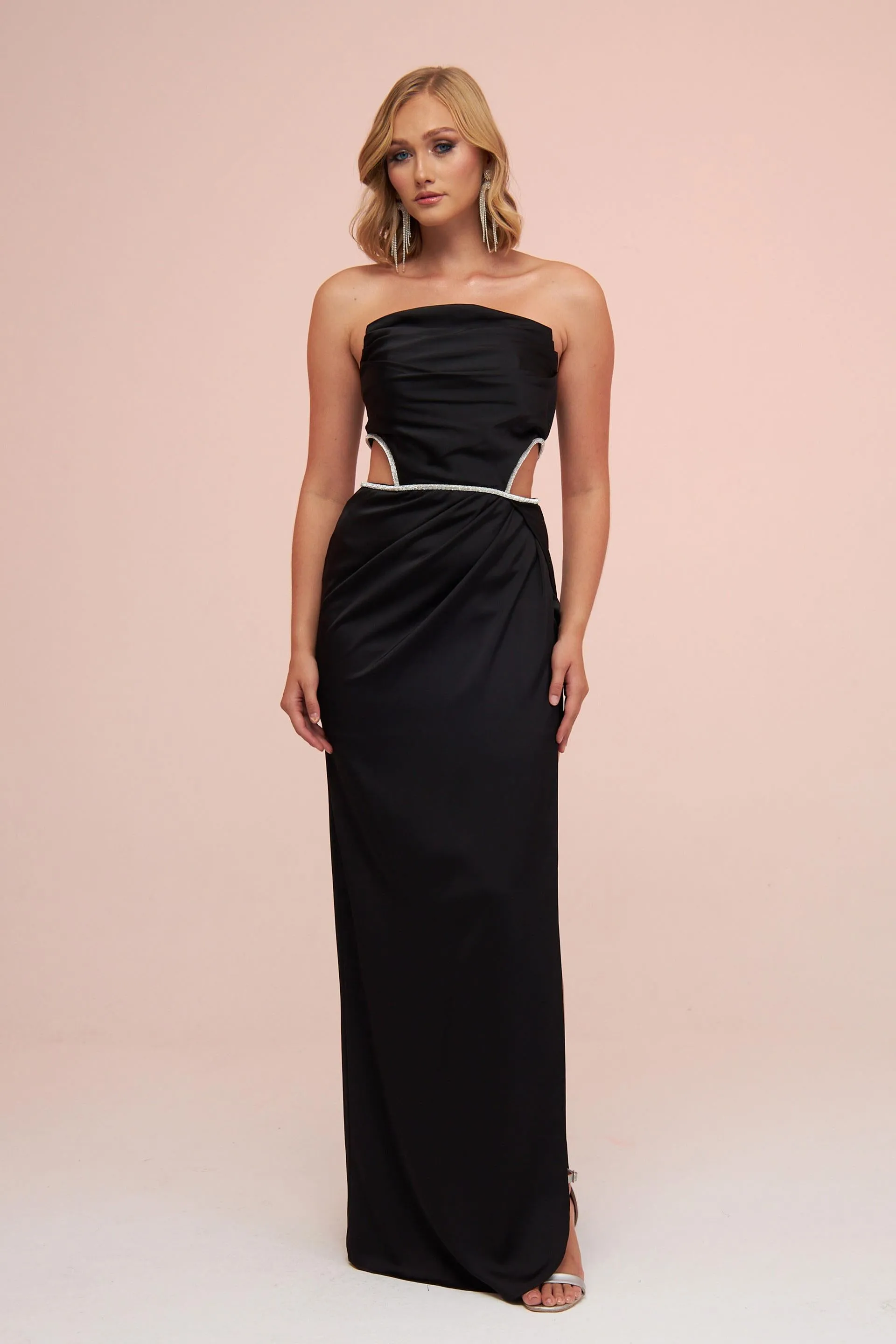 Angelino Black Satin Strapless Long Evening Dress with Side Slit