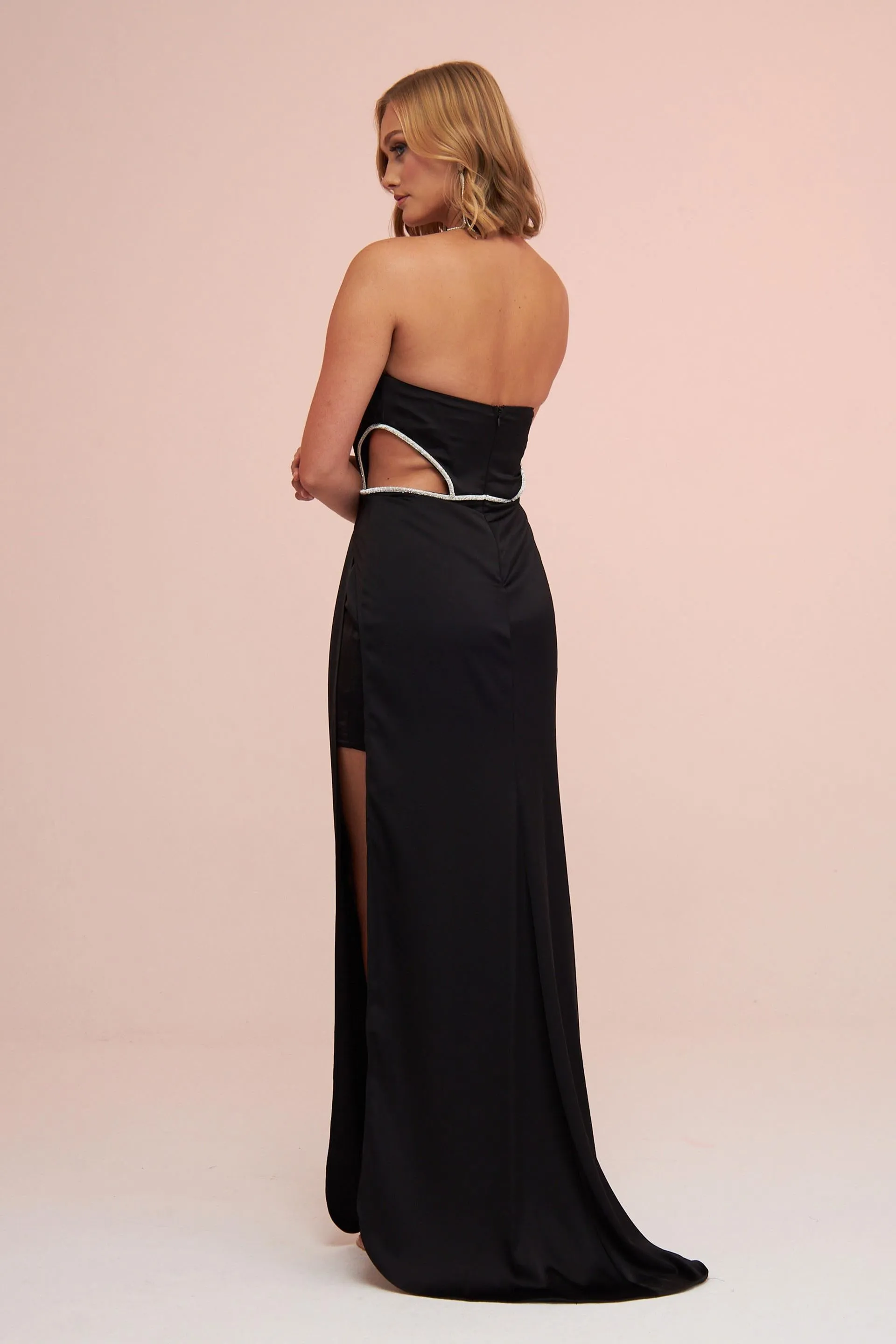 Angelino Black Satin Strapless Long Evening Dress with Side Slit