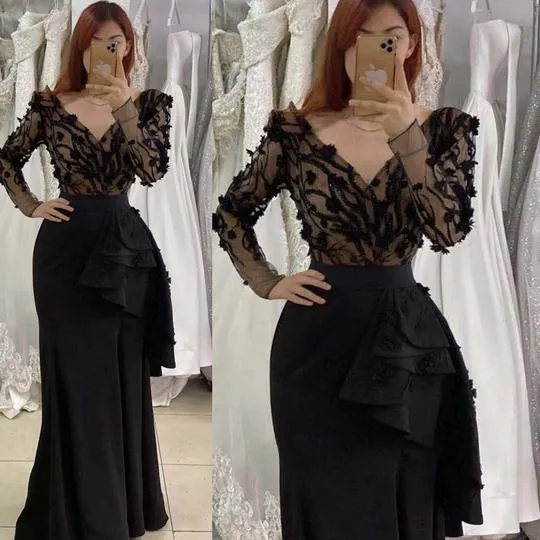 arabic black evening dresses long sleeve mermaid v neck elegant lace evening gown muslim