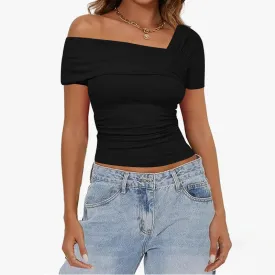 Asymmetrical Fitness Solid Summer T-shirts Women Basic Fashion Folds Sexy Design Crop Top Casual Short Sleeve Tee New