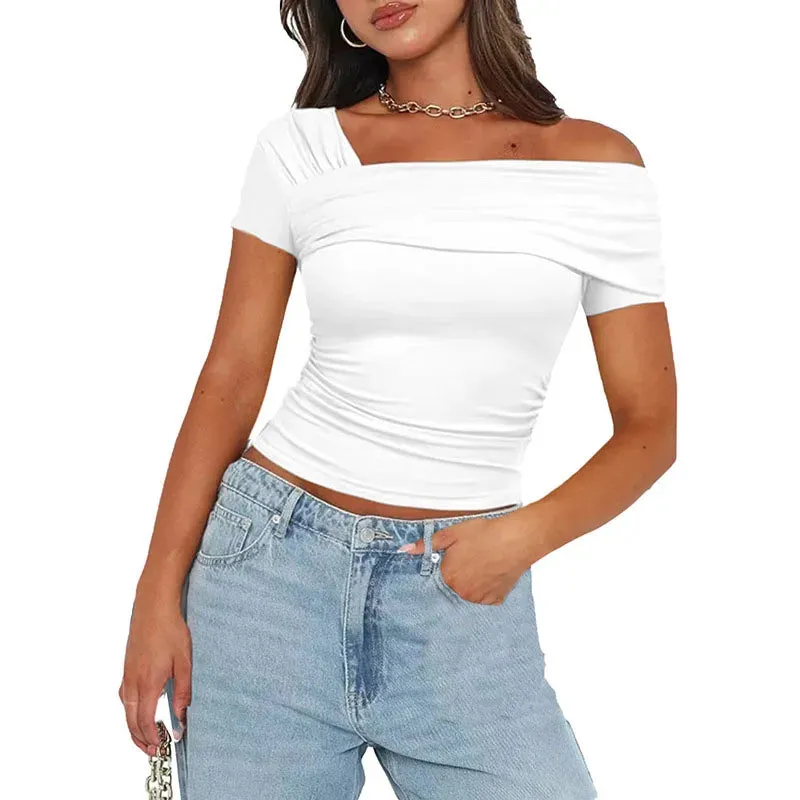 Asymmetrical Fitness Solid Summer T-shirts Women Basic Fashion Folds Sexy Design Crop Top Casual Short Sleeve Tee New