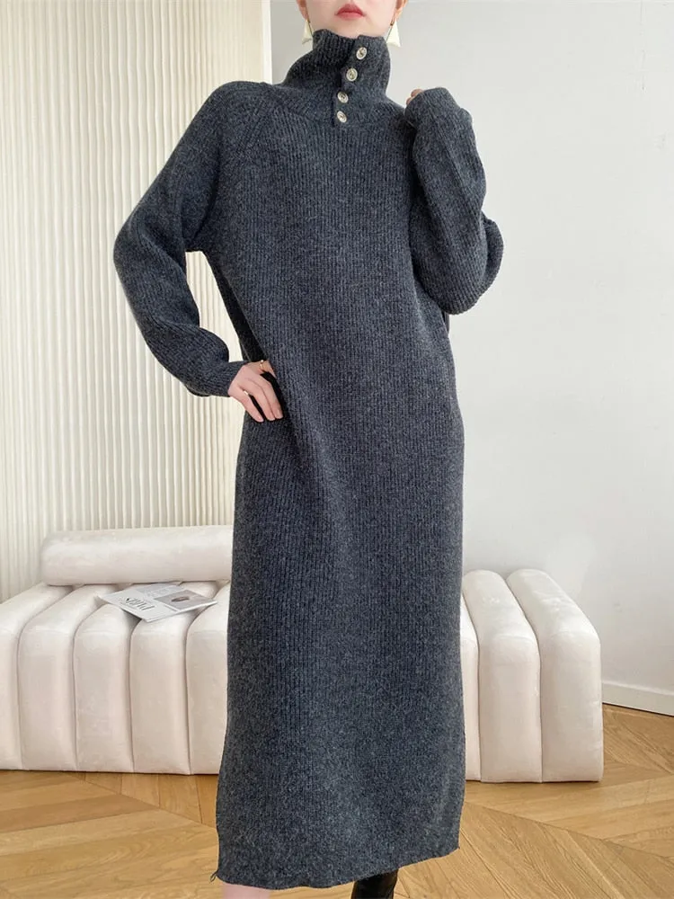 Autumn Knitting Dress For Women Turtleneck Long Sleeve Loose Knitting Minimalist Midi Dresses Female Clothing Style