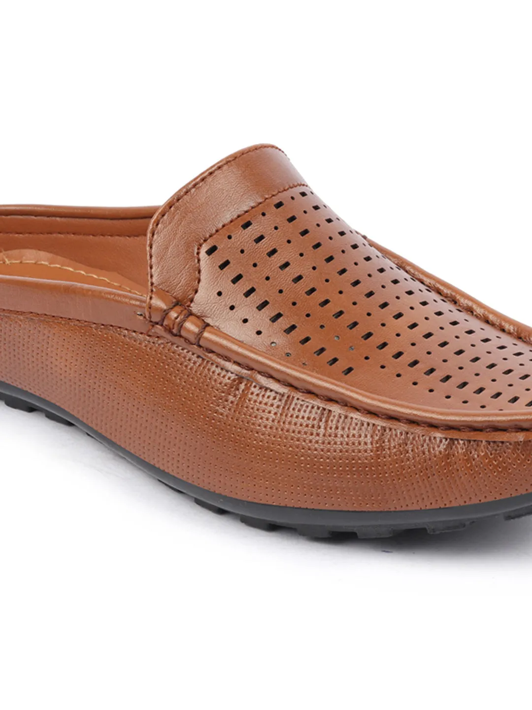 Basics Men Tan Back Open Laser Cut Design Textured Ethnic Casual Wedding Slip On Mules