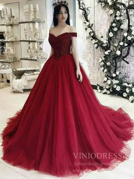 Beaded Off the Shoulder Burgundy Long Prom Dresses FD1773