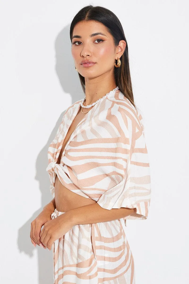 Beige Abstract Tie Up Bolero Short Sleeve