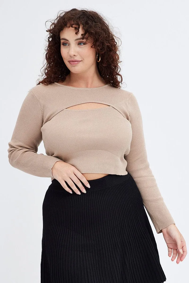 Beige Knit Top Cut Out Long Sleeve