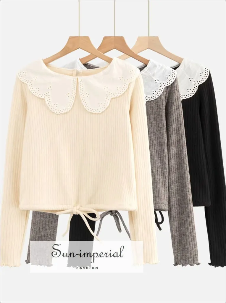 Beige Ribbed Long Sleeve Women top Blouse with White Lace Peter Pan Collar