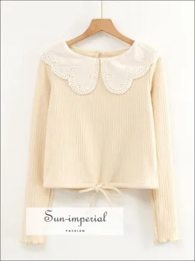 Beige Ribbed Long Sleeve Women top Blouse with White Lace Peter Pan Collar