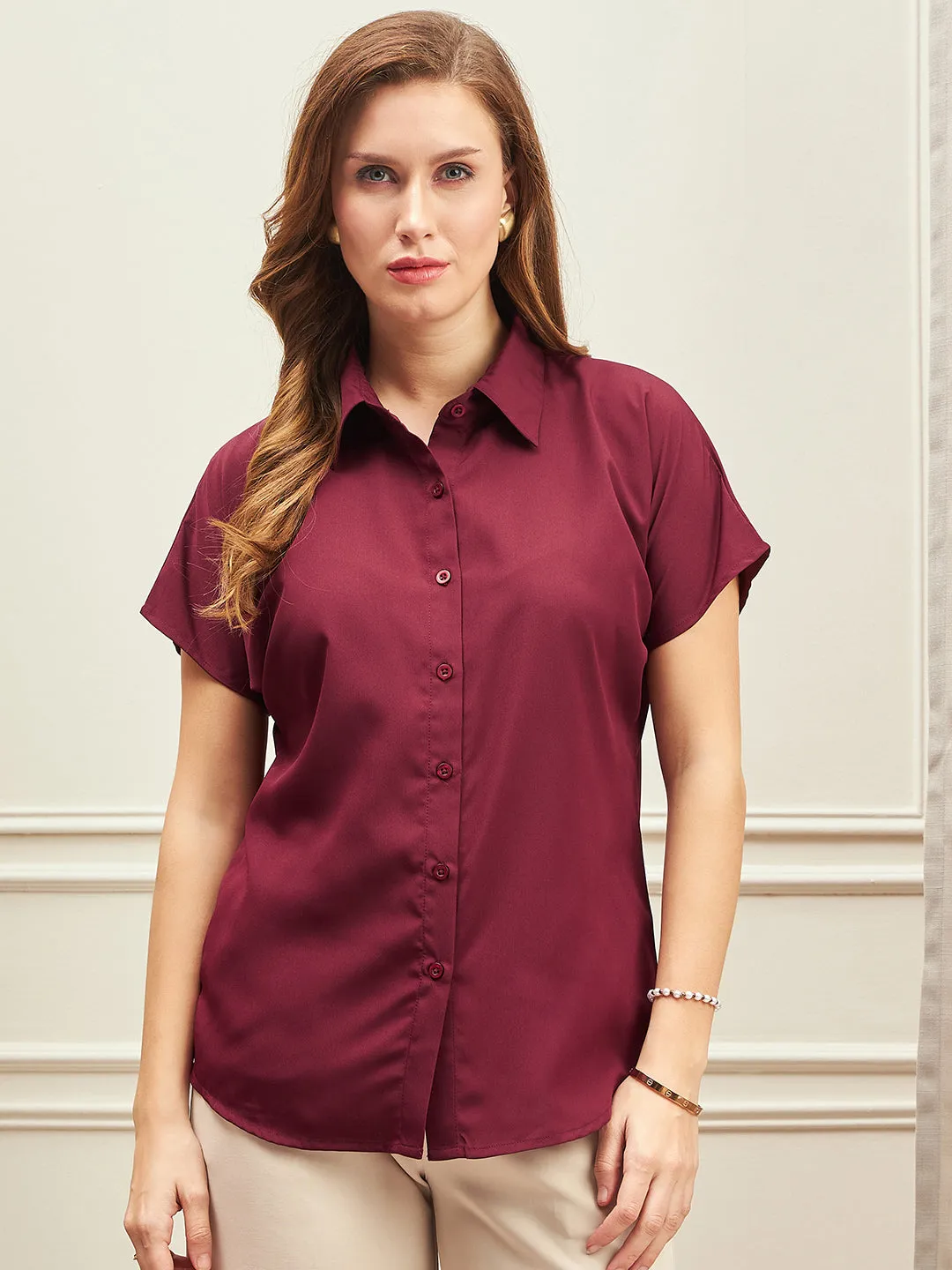 Berrylush BIZwear Women Solid Maroon Spread Collar Neck Batwing Sleeves Button-Up Curved Hem Regular Shirt