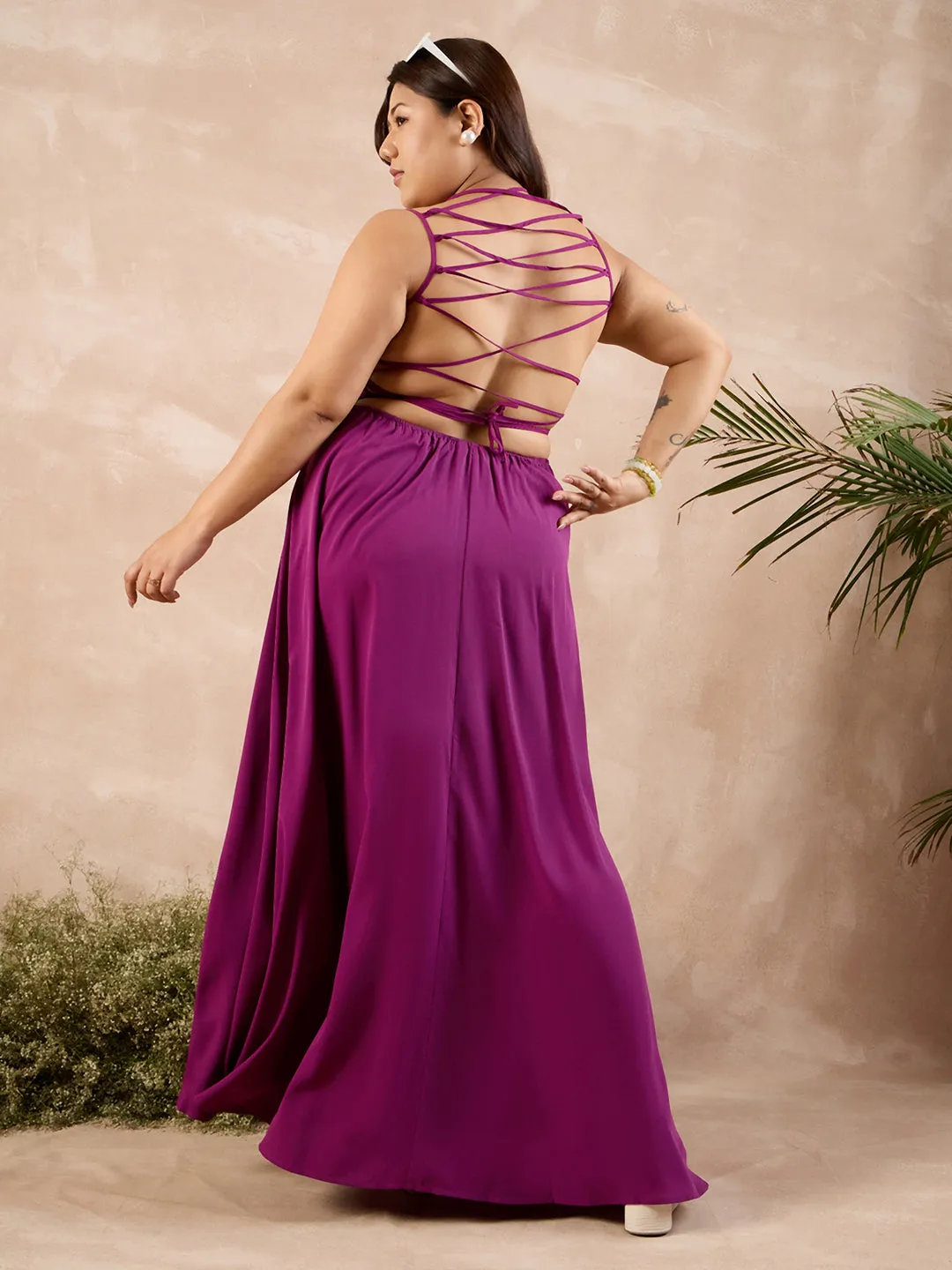 Berrylush Curve Women Purple Solid Styled Back Sleeveless Maxi Dress