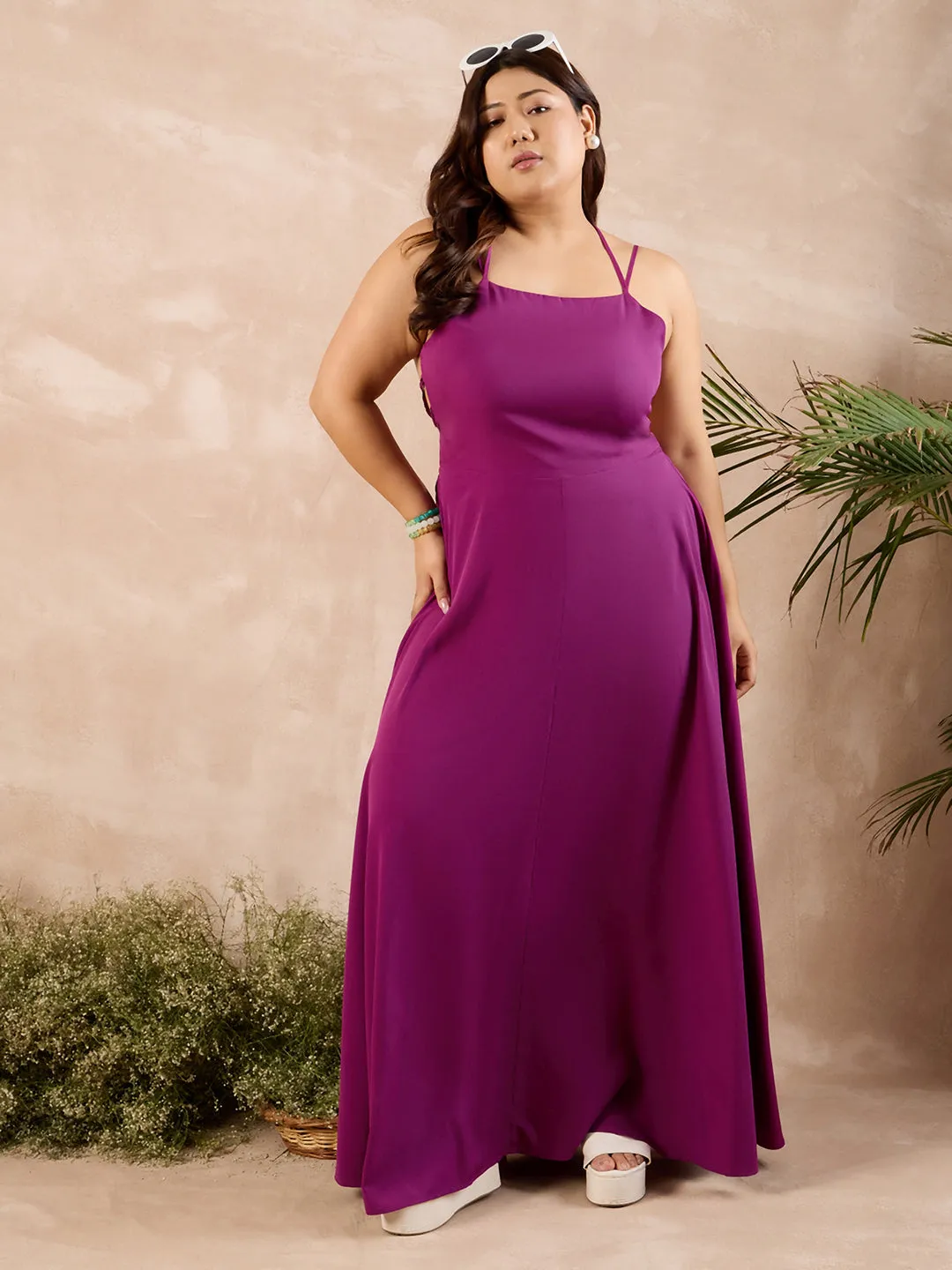 Berrylush Curve Women Purple Solid Styled Back Sleeveless Maxi Dress