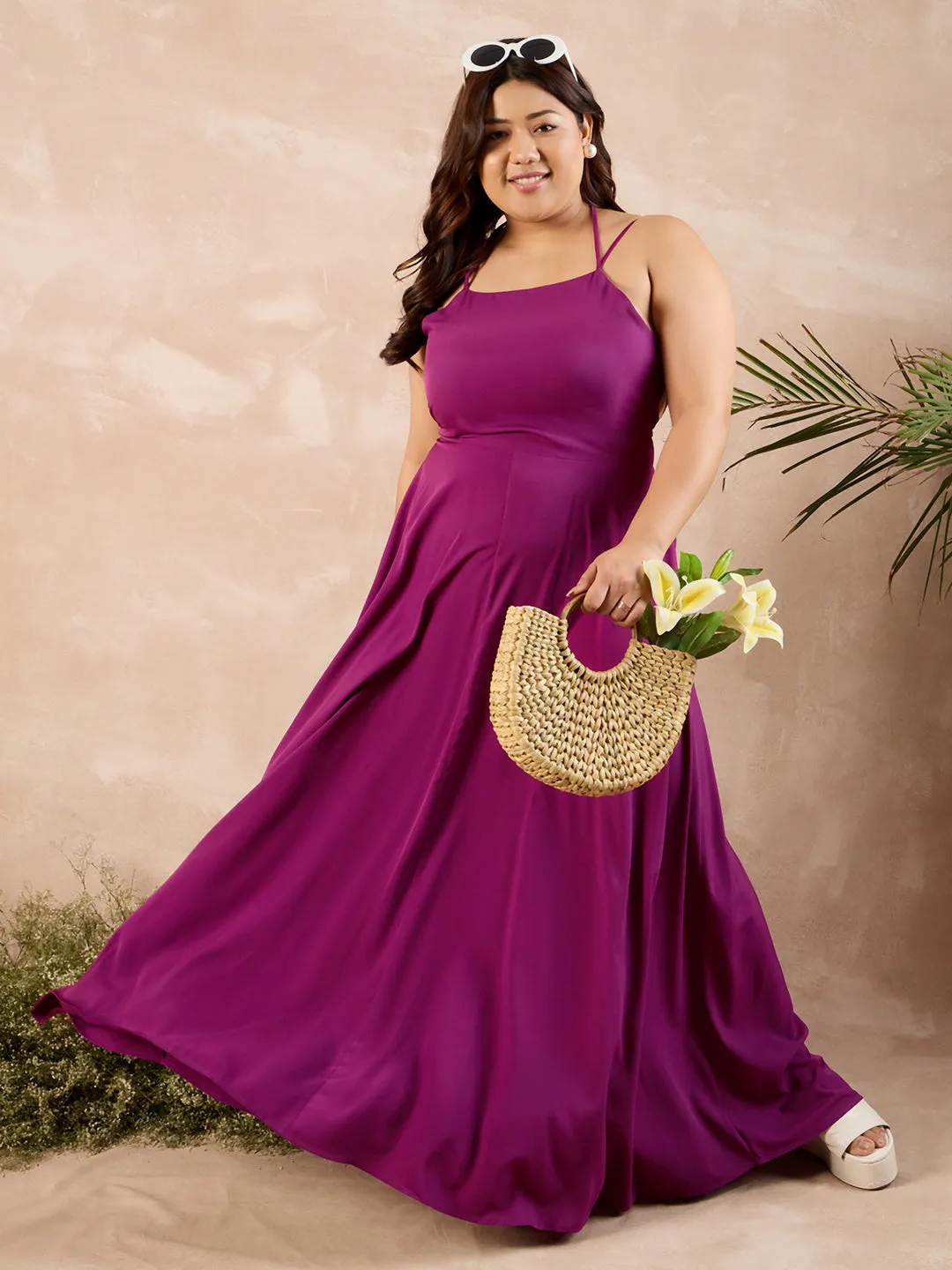 Berrylush Curve Women Purple Solid Styled Back Sleeveless Maxi Dress