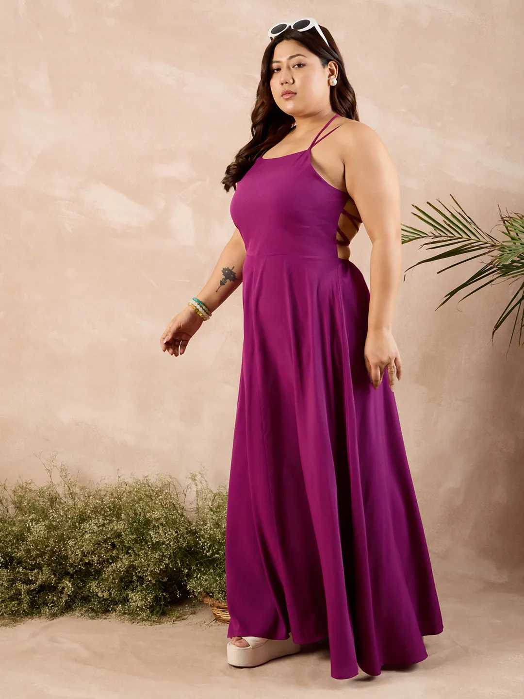 Berrylush Curve Women Purple Solid Styled Back Sleeveless Maxi Dress