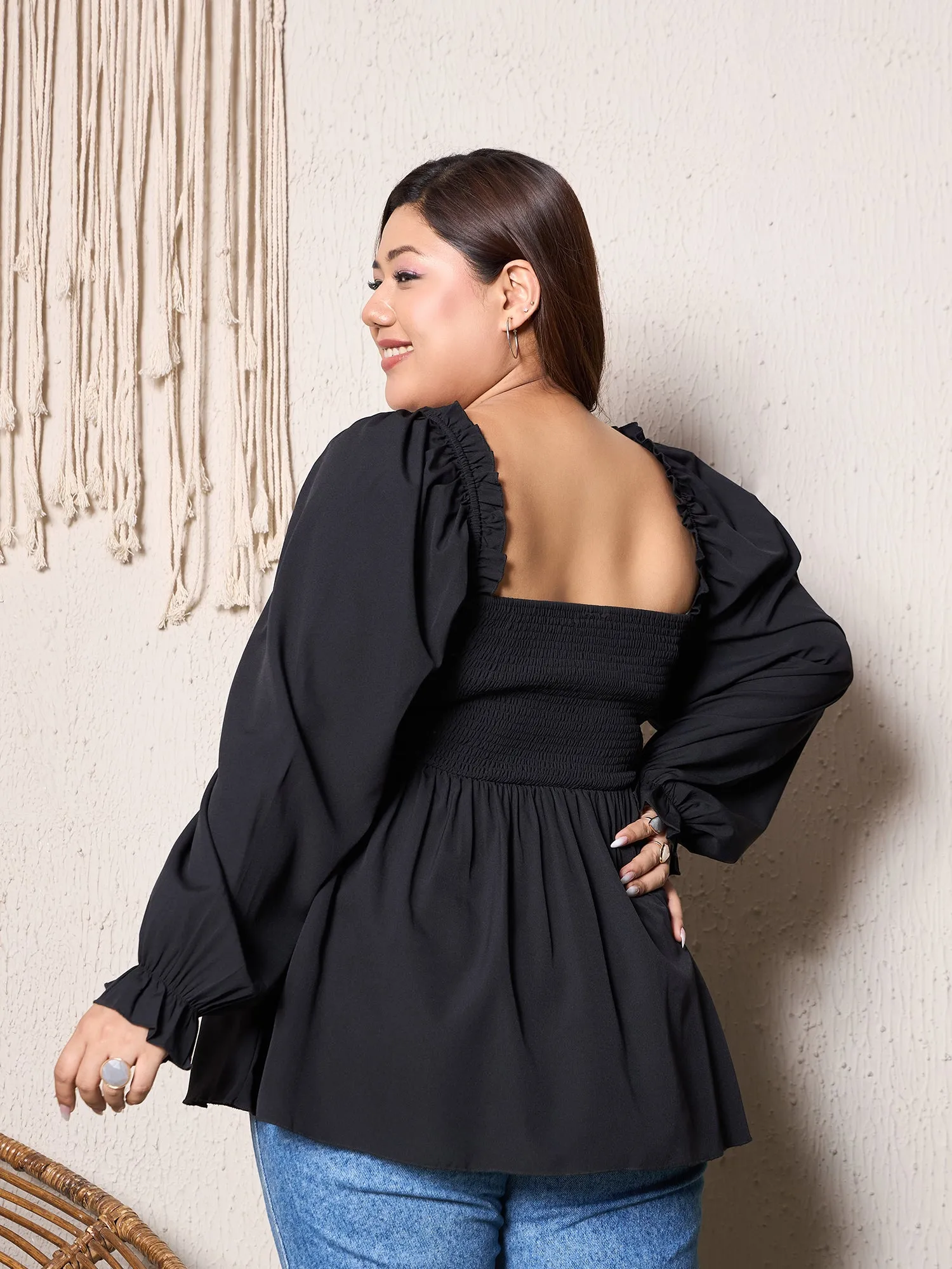 Berrylush Curve Women Solid Black Square Neck Puff Sleeves Smocked Regular Peplum Top