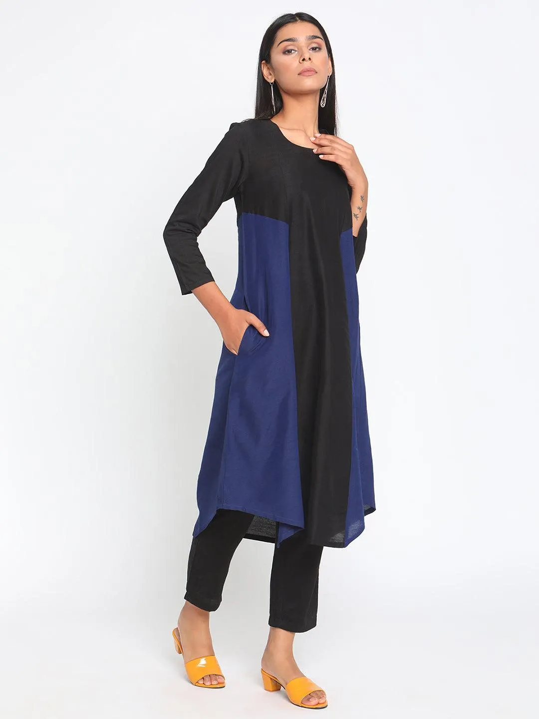 Black Blue Silk Kurta Pant Set