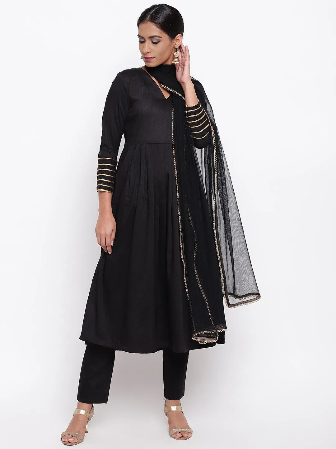 Black Embellished Sleeve Kurta-Pant-Dupatta