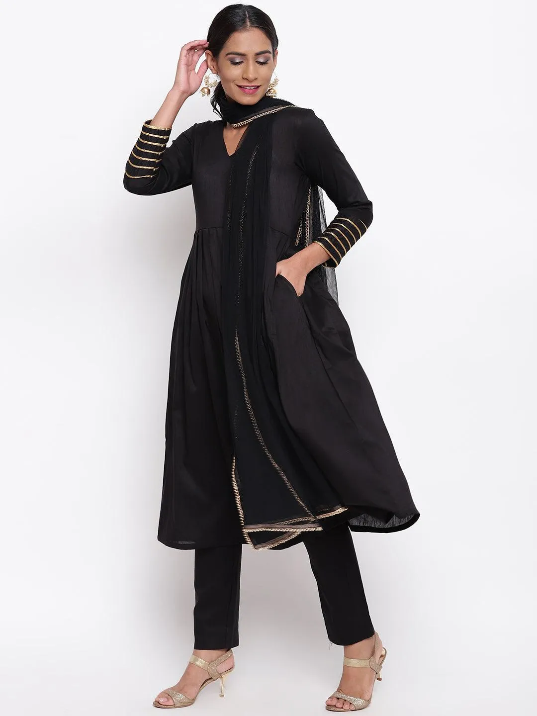 Black Embellished Sleeve Kurta-Pant-Dupatta