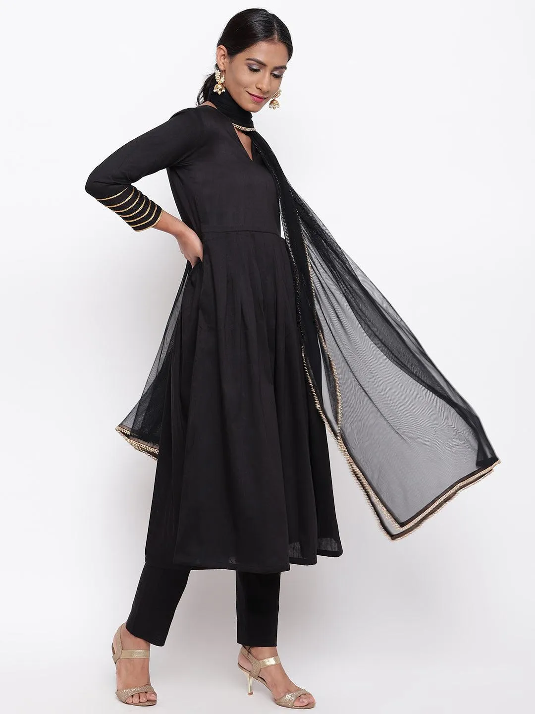 Black Embellished Sleeve Kurta-Pant-Dupatta