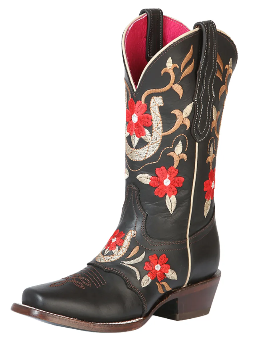 Botas Vaqueras Rodeo de Antifaz con Tubo Bordado de Flores de Piel Genuina para Mujer 'El General' - ID: 51139