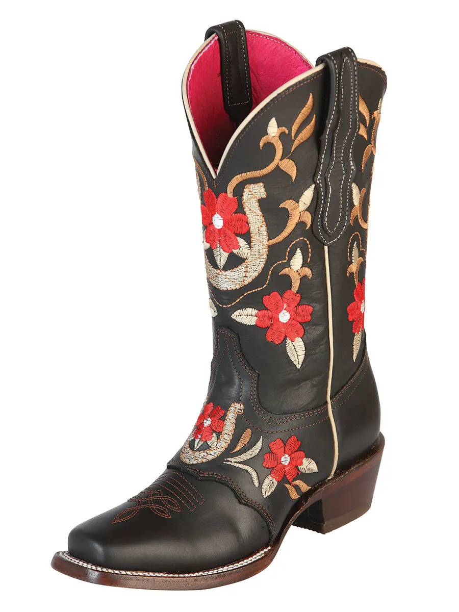 Botas Vaqueras Rodeo de Antifaz con Tubo Bordado de Flores de Piel Genuina para Mujer 'El General' - ID: 51139