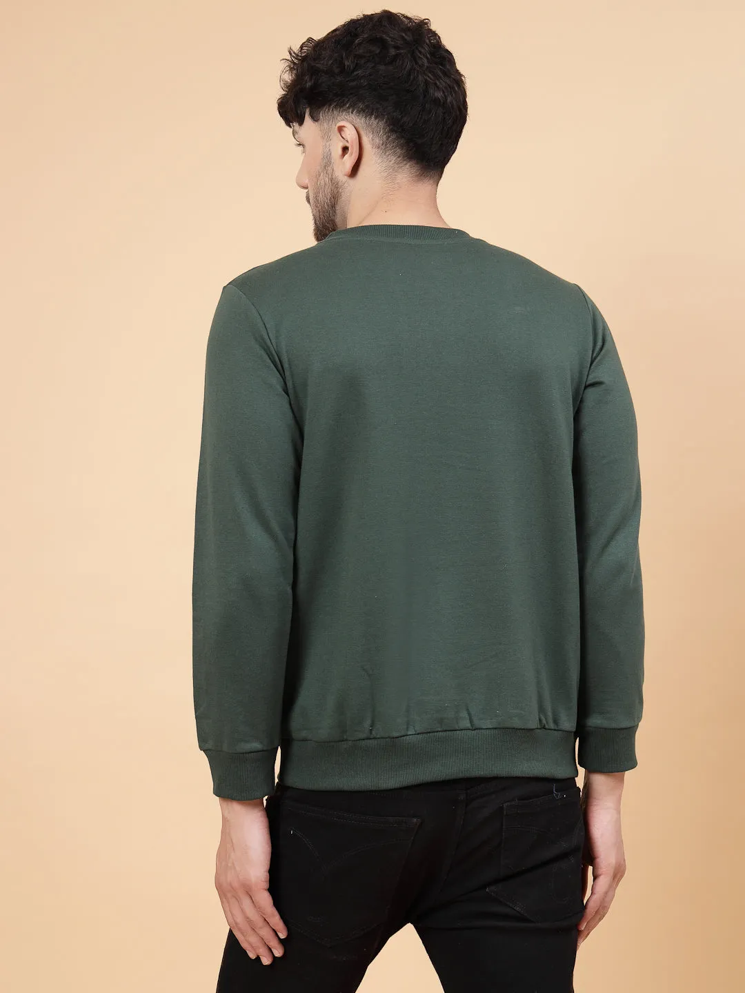 Bottle Green Placement Print Round Neck Fleece Sweatshirt