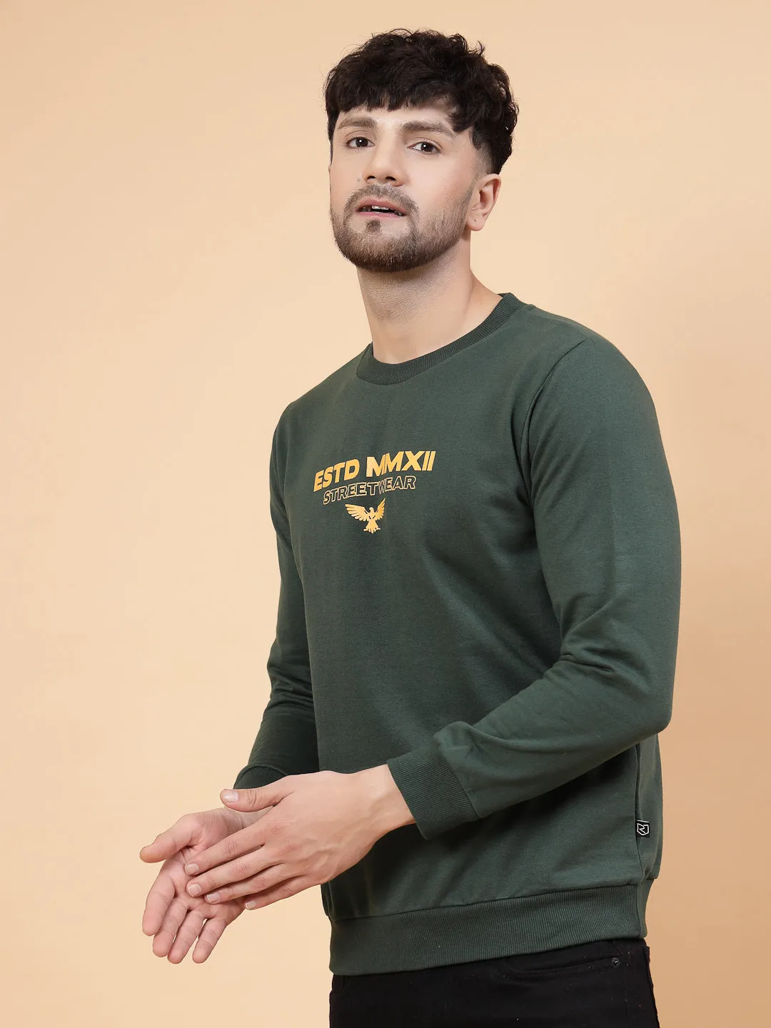 Bottle Green Placement Print Round Neck Fleece Sweatshirt