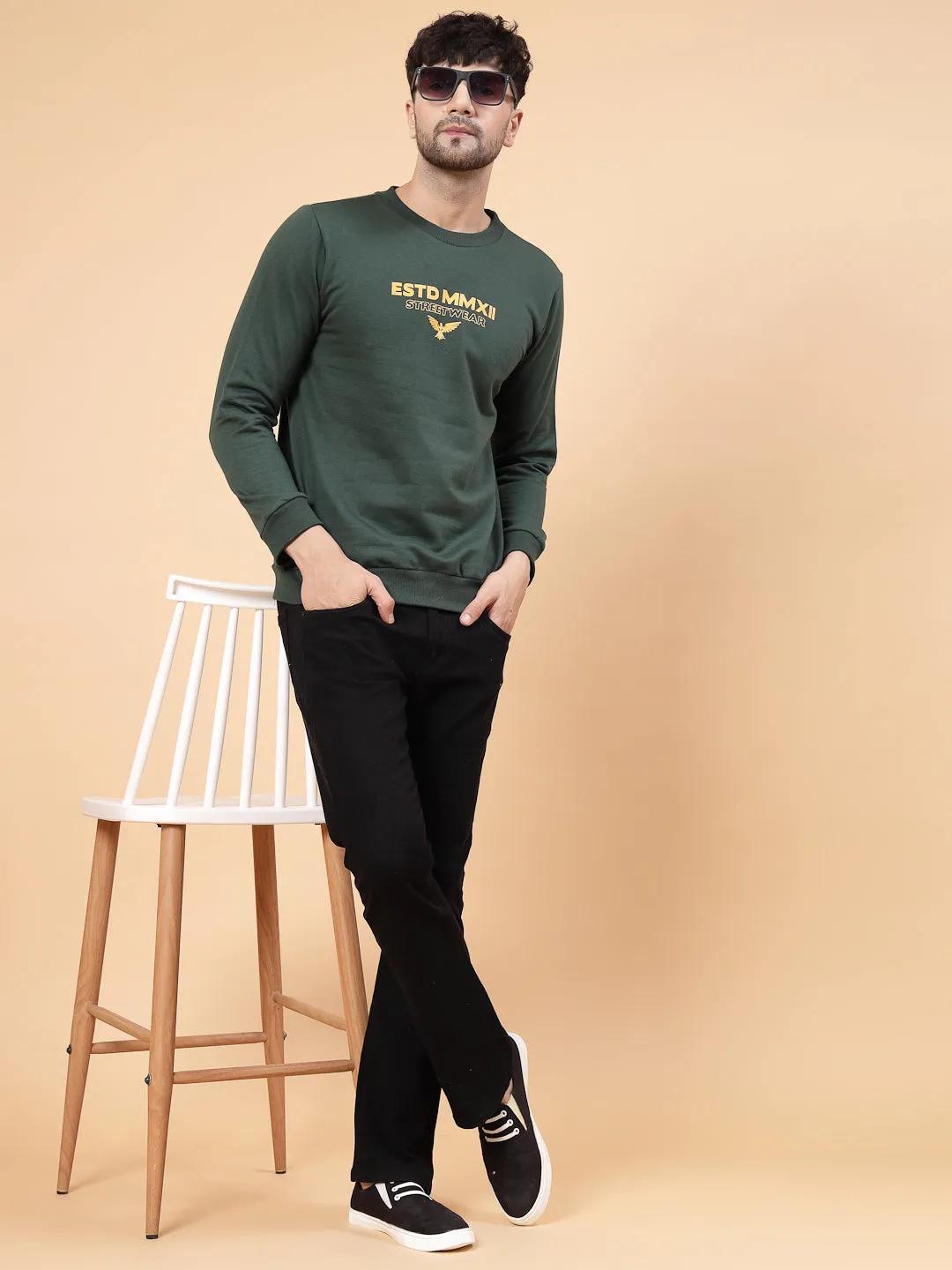 Bottle Green Placement Print Round Neck Fleece Sweatshirt