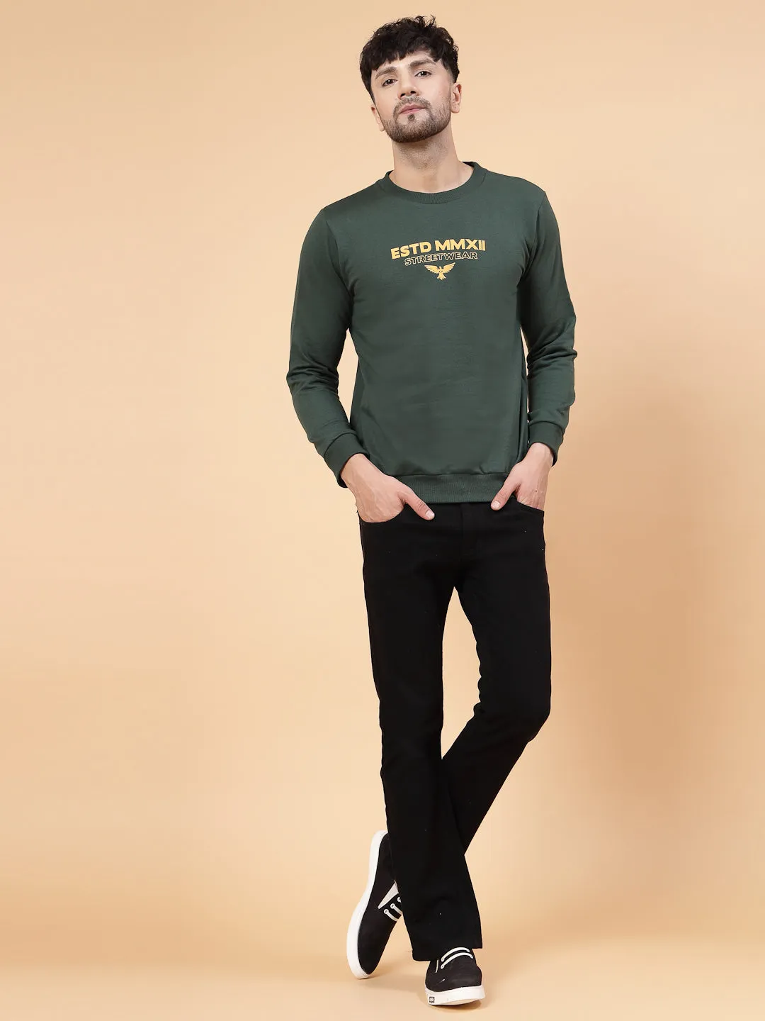 Bottle Green Placement Print Round Neck Fleece Sweatshirt