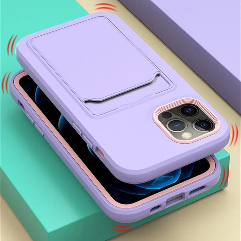 Bright Colour Silicone Card Holder Phone Case For iPhone