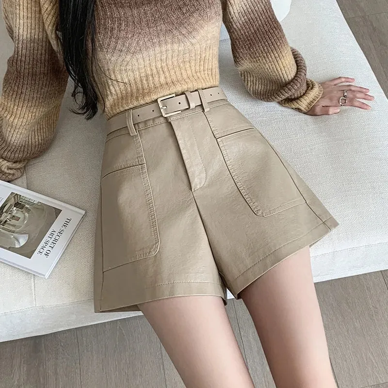 Casual Pockets High Waist PU Leather Bottoms Women 2024 Shorts