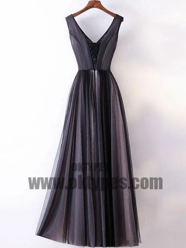 Chic A Line V Neck Prom Dress, Modest Cheap Black Long Prom Dress, Lace Up Prom Dresses, TYP0433