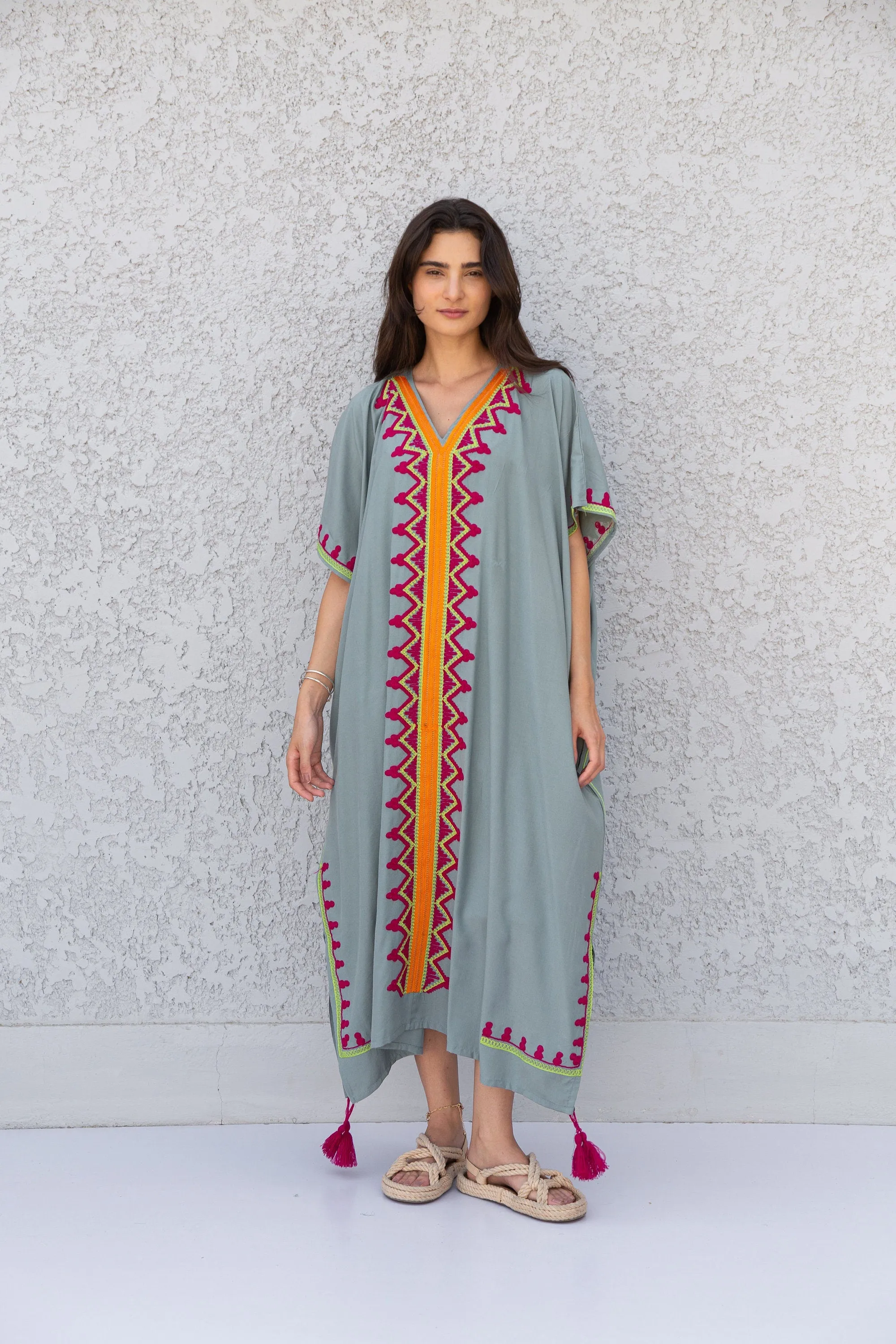 Colorful Grey embroidered caftan, Cotton caftan, Plus size Kaftan, Free size Bohemian Caftan, Cotton Kaftan, Exotic Kaftan, Moroccan Caftan