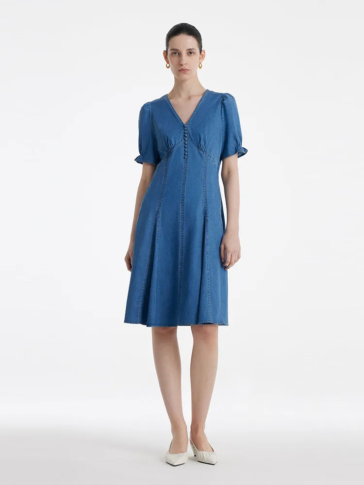 Denim V-Neck Gathered Waist Women Midi Dress