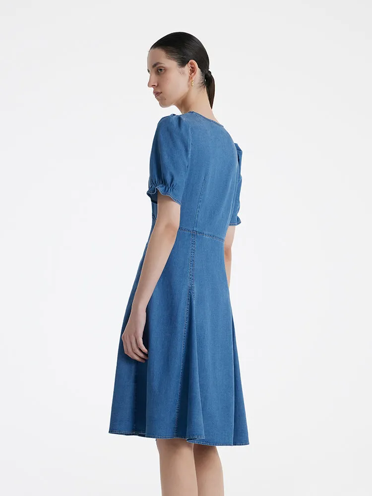 Denim V-Neck Gathered Waist Women Midi Dress