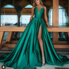 emerald green prom dresses v neck simple satin elegant cheap a-line prom gown vestido de fiesta 2021