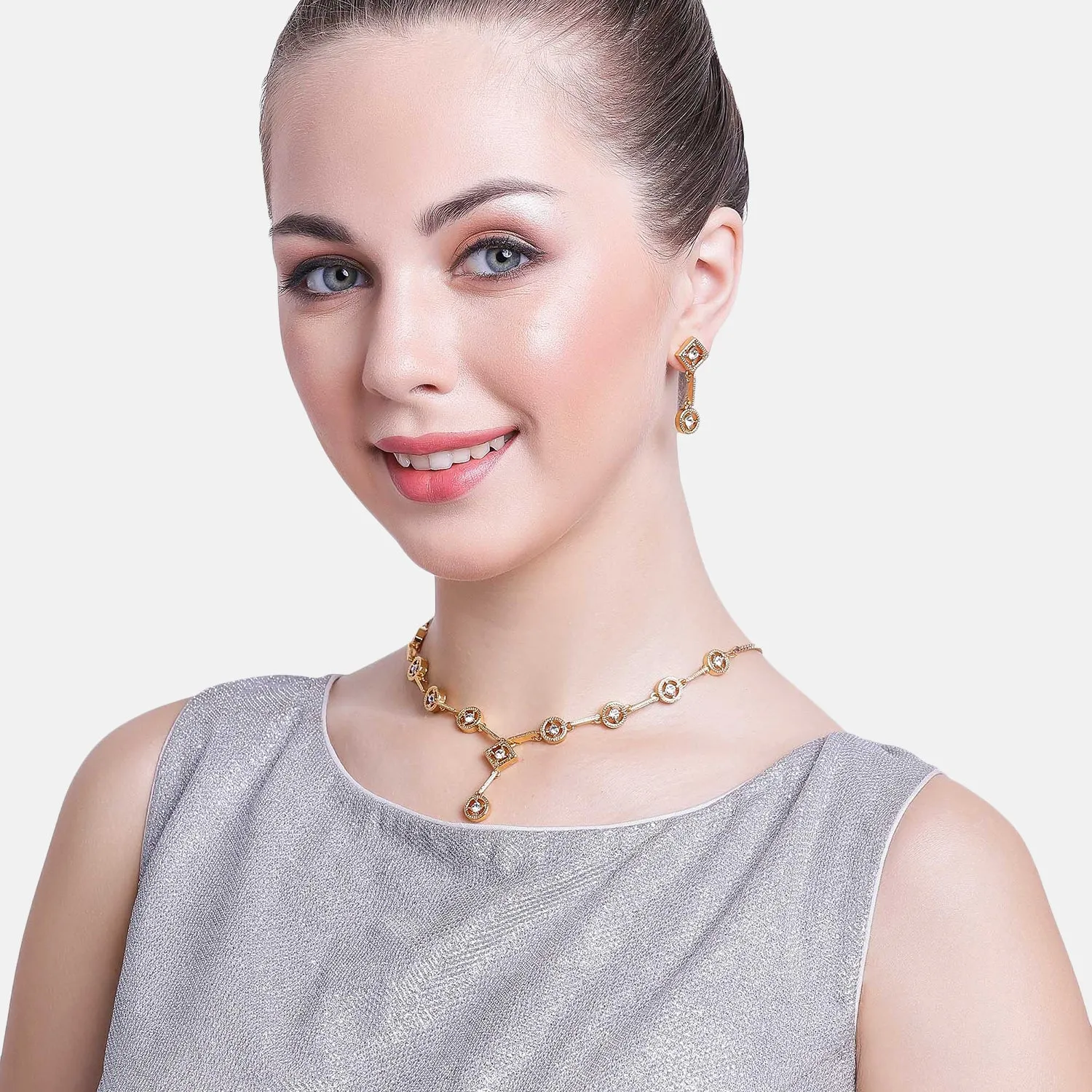 Estele 24 Kt Gold Plated Geometric Shape Austrian Crystal Necklace Set for Women